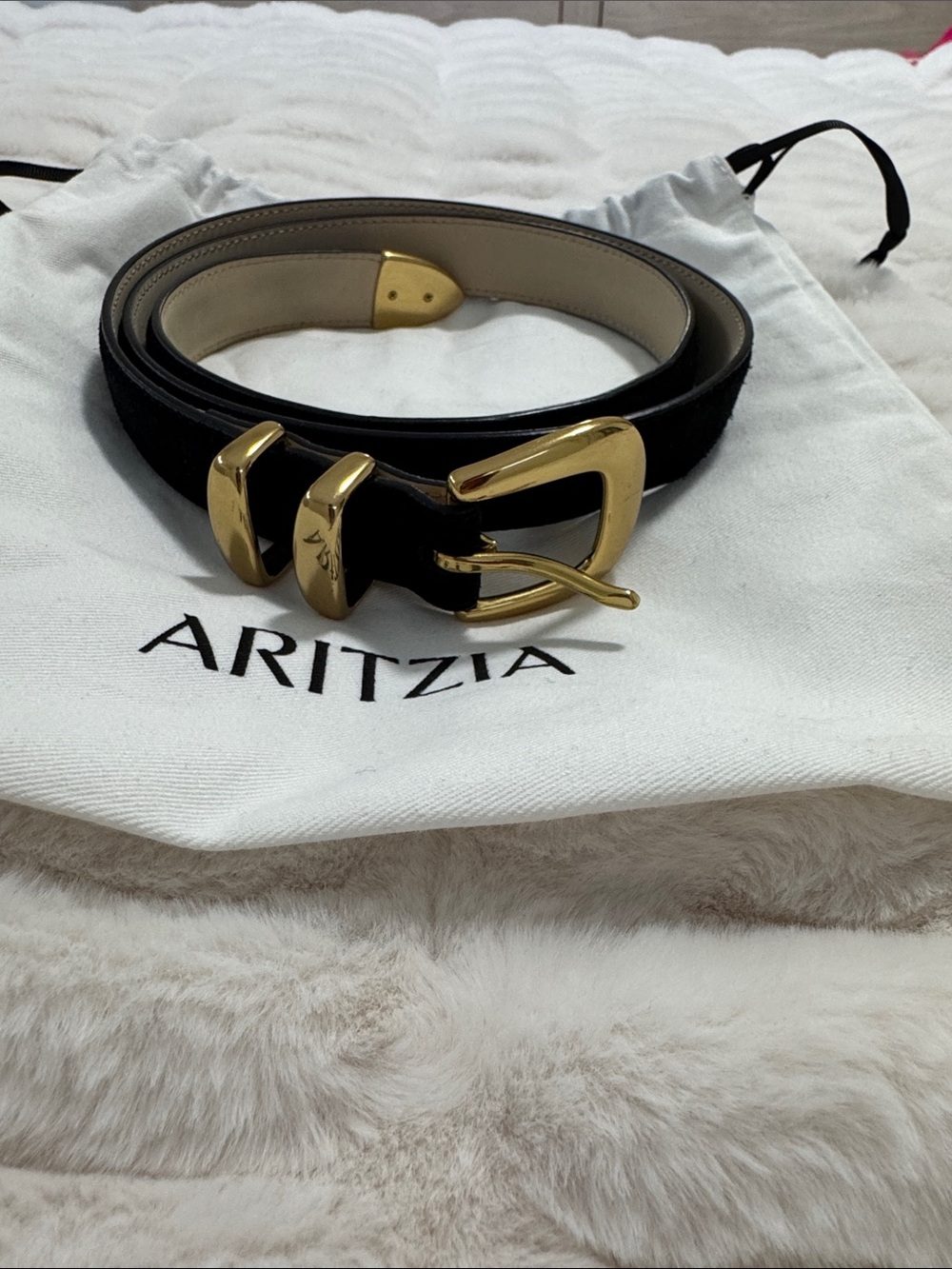 Aritzia Black Leather Belt with Gold-Tone Buckle Accents